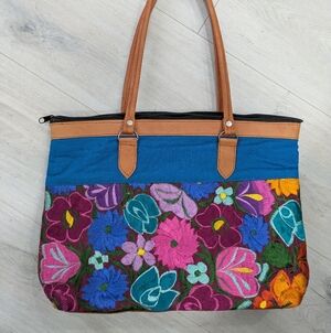 Guatemalan Bright Floral Embroidered Floral Huipil Tan Leather Canvas Tote Bag